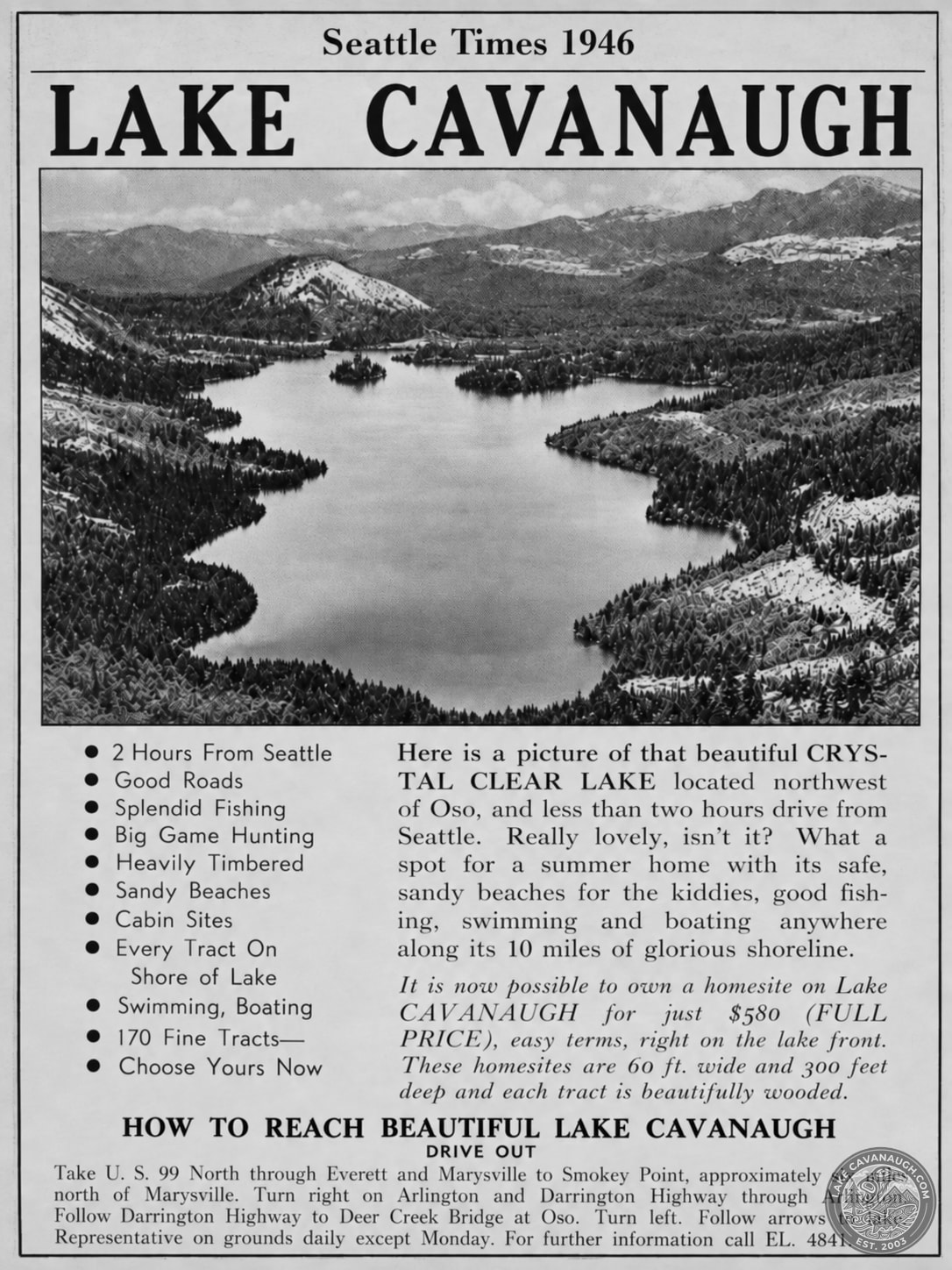 Complete Seattle Times 1946 Lake Cavanaugh advertisement promoting lakefront homesites, recreation, and residential development