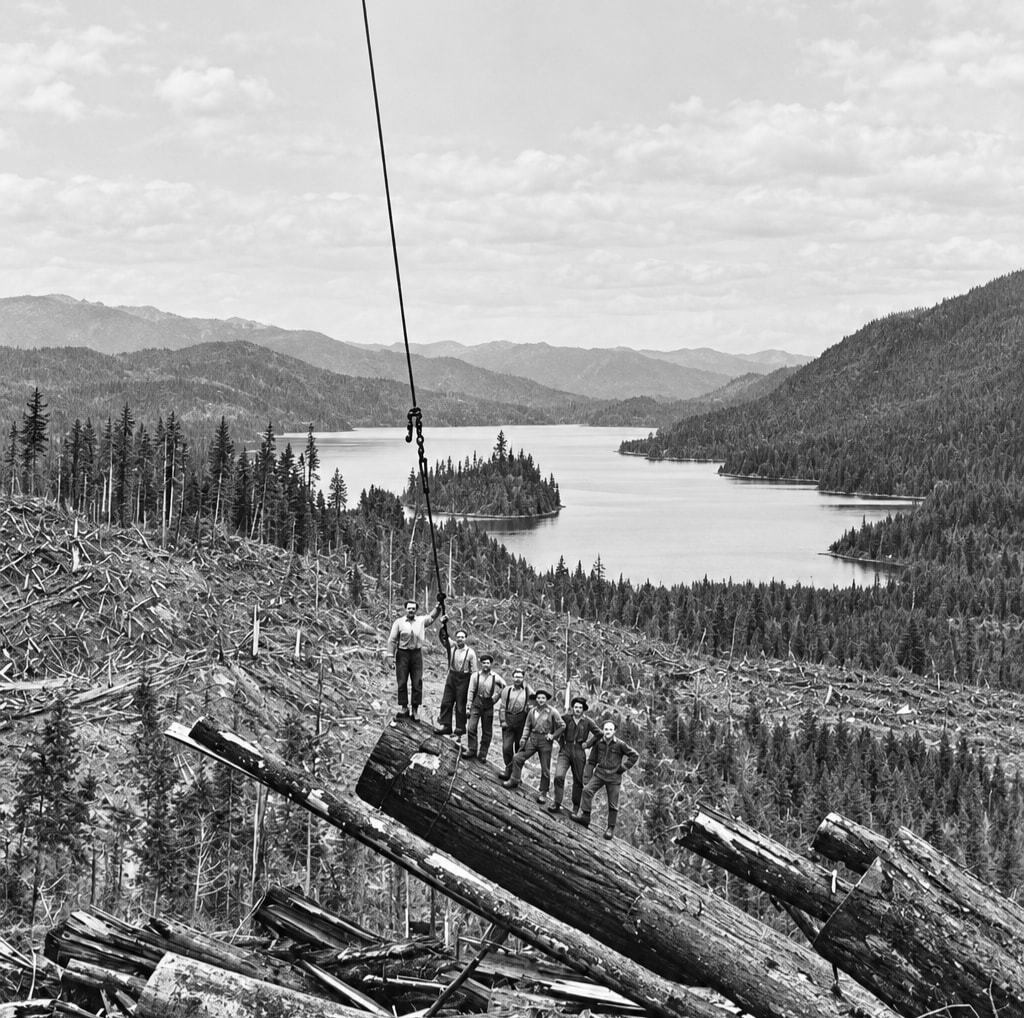 Historic logging crew standing on a suspended log above a cleared hillside, with Lake Cavanaugh in the distance
