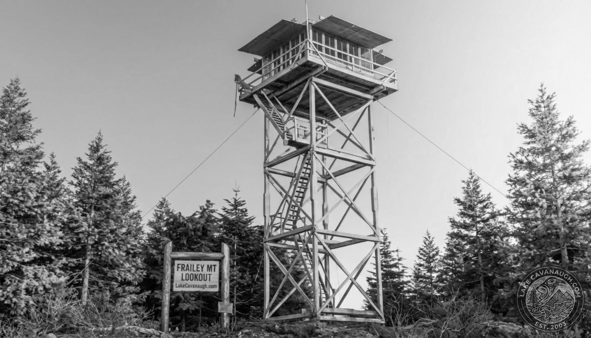 Frailey Mountain Lookout cabin atop a tall timber tower surrounded by evergreen trees